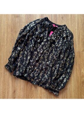 Lilly Pulitzer Angelica Long Sleeve Blouse Onyx Salt Wave Metallic NWT Size XS